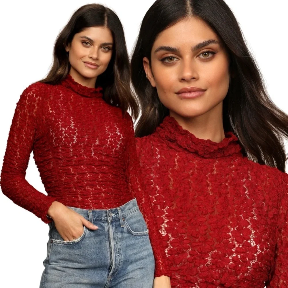 Free People Intimately FP Day And Night Lace Thong Bodysuit Women Sz M Red NWOT